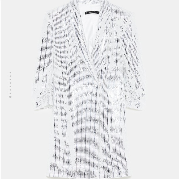zara silver sequin tuxedo dress ZARA SILVER SEQUIN TUXEDO METALLIC BLAZER MINI DRESS 2495/560